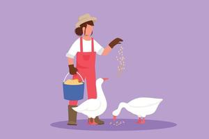 personnage plat dessinant une agricultrice heureuse nourrissant des oies ou des canards pour être en bonne santé, produire les meilleurs œufs et la meilleure viande. agriculture de campagne. ouvrier agricole rural, volaille. illustration vectorielle de dessin animé vecteur