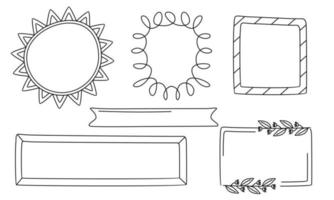 cadres de dessin au trait rétro, rubans, fleurs, décorations et plantes vecteur