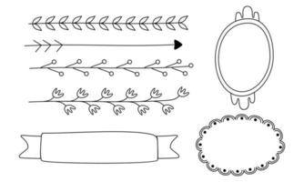 cadres de dessin au trait rétro, rubans, fleurs, décorations et plantes vecteur