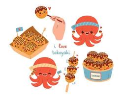 takoyaki vector set cuisine asiatique. mignon takoyaki sur fond blanc. espace libre pour le texte. illustration vectorielle