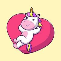 Licorne mignonne allongée sur l'illustration d'icônes vectorielles de dessin animé d'amour de coeur. concept de dessin animé plat. adapté à tout projet créatif. vecteur