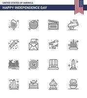 joyeux jour de l'indépendance pack de 16 lignes signes et symboles pour la célébration des feux d'artifice canon de mortier movis éléments de conception vectoriels modifiables usa day vecteur