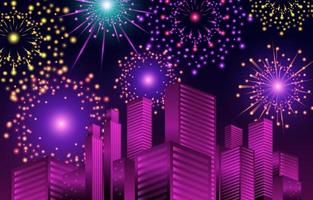 feux d'artifice colorés en arrière-plan de la ville vecteur