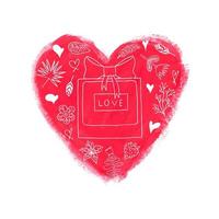 coeur grunge déchiré rose dessiné à la main avec des coups de pinceau rugueux isolés sur fond blanc. parfum de décor de griffonnage blanc avec le nom d'amour, de cœurs, de feuilles et de fleurs exotiques. valentines carrées de vecteur