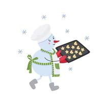 Boulanger de bonhomme de neige mignon avec plateau plein de biscuits de Noël. illustration vectorielle plane. idéal pour les cartes de vœux. conception d'hiver. vecteur