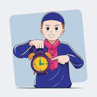 étude musulmane pour enfants. garçon pointant vers une horloge antique dans la maison illustration vectorielle téléchargement pro vecteur