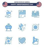 fête de l'indépendance des états-unis bleu ensemble de 9 pictogrammes des états-unis de célébration de vacances pont barbecue tourisme modifiable éléments de conception de vecteur de jour des états-unis