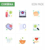 9 ensemble de couleurs plates d'icônes épidémiques de virus corona telles que l'eau de coronavirus lavage médical soins de santé coronavirus viral 2019nov éléments de conception de vecteur de maladie