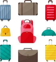 un ensemble de sacs de voyage. un ensemble multicolore composé d'une valise, d'un sac, d'un sac à dos, d'une valise mais aussi d'une mallette et d'un petit sac de voyage. bagages de voyage. illustration vectorielle sur fond blanc. vecteur