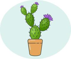 joli cactus vert dans un style plat avec une fleur lilas poussant dans un pot en argile brune. vecteur. vecteur
