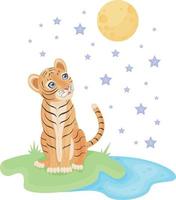 illustration mignonne pour enfants brillants. bébé tigre cub est assis sur l'herbe près de l'étang et regarde rêveusement le ciel avec la lune et les étoiles. illustration d'impression pour enfants. image vectorielle. vecteur