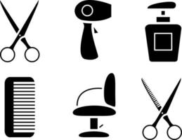 ensemble d'icônes d'accessoires de coiffure tels que shampooing de chaise de peigne de sèche-cheveux de ciseaux. outils pour salons de coiffure. illustration vectorielle isolée sur fond blanc. vecteur