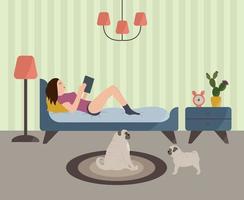 illustration vectorielle d'une chambre lumineuse avec un lit et une fille allongée dessus lisant un livre. entouré d'une lampe, d'un lampadaire.commode avec cactus et réveil.deux chiens carlin sur un tapis vecteur