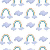 motif pour enfants sans couture d'été lumineux, arc-en-ciel coloré debout sur des nuages bleus. motif arc-en-ciel dans le ciel pour impression pour enfants. illustration vectorielle sur fond blanc. vecteur