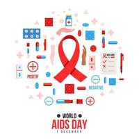 symbole de paix du ruban rouge de la journée mondiale du sida et beaucoup de symbole d'article médical vecteur