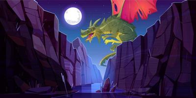 dragon de conte de fées volant au-dessus du canyon la nuit vecteur