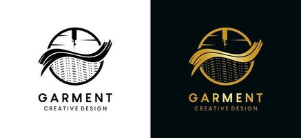 création de logo de vêtement avec concept d'aiguille de machine à coudre et icône de tissu vecteur