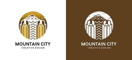 création de logo de ville de montagne, bâtiment de style luxueux et illustration vectorielle de combinaison de montagne vecteur