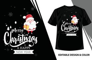 joyeux noël lettrage avec le père noël dessiné à la main sur fond noir, conception de t-shirt de noël, modèle vectoriel de noël pour l'impression sur chemise, couverture, carte postale. illustration pour vêtements, vêtements,