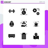 interface mobile glyphe solide ensemble de 9 pictogrammes d'éléments de conception vectoriels modifiables de service d'oeufs de vacances de boîte vecteur