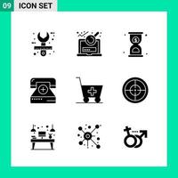 pack de 9 jeux d'icônes de style solide. symboles de glyphe pour l'impression. signes créatifs isolés sur fond blanc. 9 jeu d'icônes. vecteur