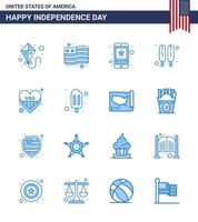 ensemble moderne de 16 blues et symboles le jour de l'indépendance des états-unis tels que le coeur des états-unis téléphone intelligent hot-dog américain modifiable éléments de conception vectoriels de la journée des états-unis vecteur