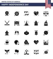 pack de 25 signes de glyphes solides de célébration de la fête de l'indépendance des états-unis et symboles du 4 juillet tels que le drapeau de la cour fête de la fête des états-unis éléments de conception vectoriels modifiables de la journée des états-unis vecteur