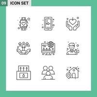 contour de l'interface mobile ensemble de 9 pictogrammes d'éléments de conception vectoriels modifiables de la mère de la main muette de l'homme flèche vecteur