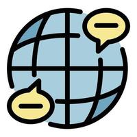 globe et chat bulles icône vecteur de contour de couleur