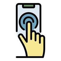 doigt appuie sur l'icône du smartphone vecteur de contour de couleur