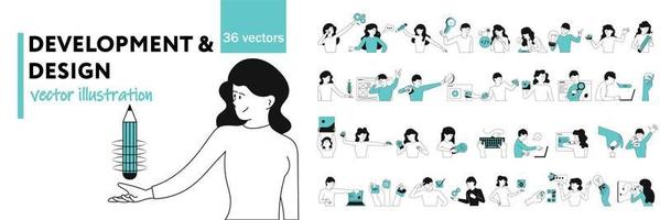 illustrations vectorielles de concept de conception et de développement. ensemble de personnes et bannière de travail de développeur d'affaires. travail de designer et lieu de travail de l'organisation marketing. technologie ou site Web de programmation et de codage vecteur