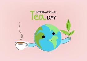 modèle de bannière horizontale de médias sociaux pour la journée internationale du thé. personnage drôle de planète. illustration de dessin animé plat vecteur doodle