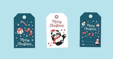 étiquettes cadeaux de noël avec panda, bonbons, flocons de neige, bonhomme de neige, mitaines et chaussettes. illustration vectorielle vecteur
