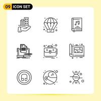 9 icônes créatives pour la conception de sites Web modernes et des applications mobiles réactives 9 signes de symboles de contour sur fond blanc 9 pack d'icônes fond de vecteur d'icône noire créative