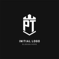 initiale du logo monogramme pt avec style de forme de couronne et de bouclier vecteur