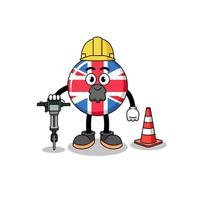 caricature de personnage du drapeau du royaume uni travaillant sur la construction de routes vecteur