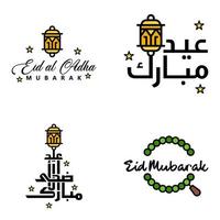 pack moderne de 4 eidkum mubarak arabe traditionnel typographie coufique carrée moderne texte de salutation décoré d'étoiles et de lune vecteur