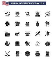 pack de 25 glyphes solides liés à la fête de l'indépendance des états-unis créatifs de bruants station star police grill éléments de conception vectoriels modifiables de la journée des états-unis vecteur