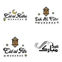 lot de 4 polices décoratives design art eid mubarak avec calligraphie moderne coloré lune étoiles lanterne ornements hargneux vecteur