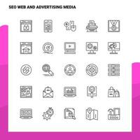 ensemble d'icônes de ligne de médias seo web et publicitaires ensemble de 25 icônes vectorielles conception de style minimalisme icônes noires définies pack de pictogrammes linéaires vecteur