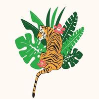 tigre dessiné à la main avec des feuilles tropicales exotiques vecteur