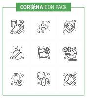 pack d'icônes coronavirus covid19 à 9 lignes, telles que des comprimés de lavage des mains, des pilules de patients, un bouclier viral coronavirus 2019nov des éléments de conception de vecteur de maladie