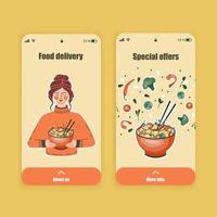 ensemble d'écrans ui, ux pour application mobile sur la livraison de nourriture. tableau de bord de la cuisine asiatique. boutique en ligne chinoise, coréenne ou japonaise. modèle de l'interface. vecteur