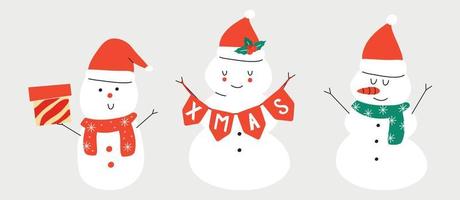 illustration vectorielle d'hiver dessinée à la main d'un bonhomme de neige avec une carotte et un bonnet de noel. concevoir des cartes de vœux, des affiches, des emballages cadeaux. vecteur