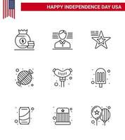 9 usa line pack de signes et symboles de la fête de l'indépendance de la fête de frankfurter american grill barbecue modifiable usa day vector design elements