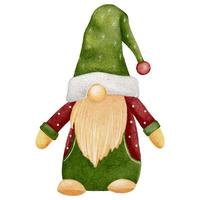 gnome de noël portant un chapeau vert de père noël isolé sur fond blanc. peinture à la main aquarelle mignons nains scandinaves, caractère d'éléments d'illustration vectorielle pour joyeux noël, voeux de nouvel an vecteur