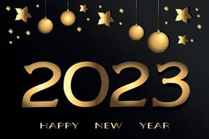 bonne année 2023. nombres dorés dessinés à la main sur fond noir décorés d'étoiles et de boules. art vectoriel