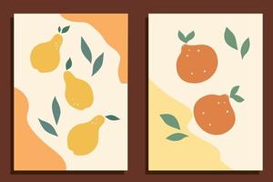 poires et oranges dessinées à la main sur fond texturé. art vectoriel