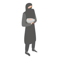femme musulmane avec icône nouveau-né, style isométrique vecteur