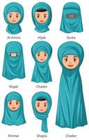 types de voiles traditionnels islamiques de femmes en style cartoon vecteur